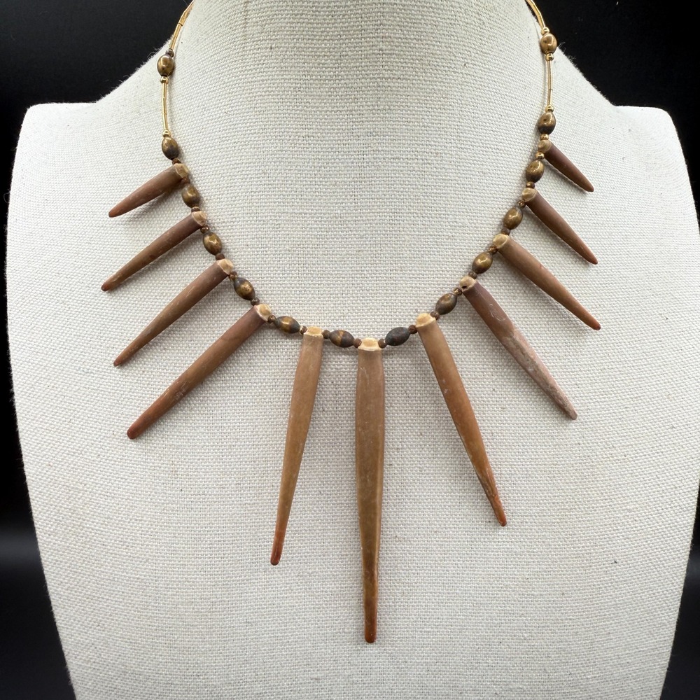 Brown Tapered Spike Statement Necklace Gold Tone Boho Tribal Vintage Festival